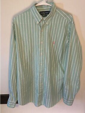 Men's Mint Green Striped Button-Down Shirt - Ralph Lauren Style